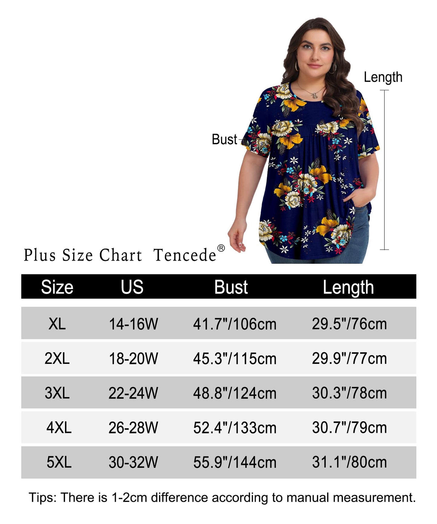 Womens Plus Size Tops Tunic Short Sleeve Crew Neck Shirts Casual Soft Blouse Peony Blue 1X