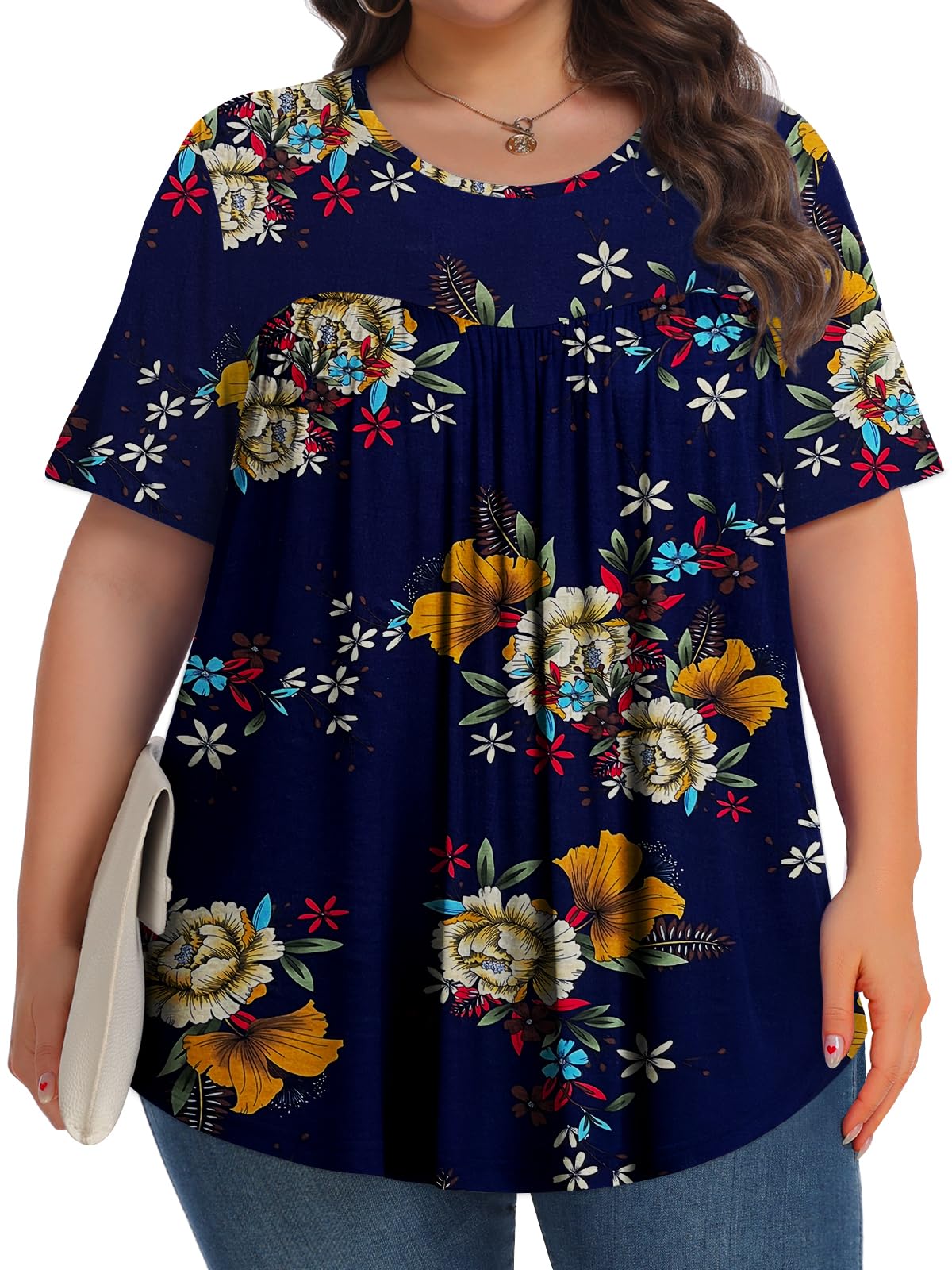 Womens Plus Size Tops Tunic Short Sleeve Crew Neck Shirts Casual Soft Blouse Peony Blue 1X