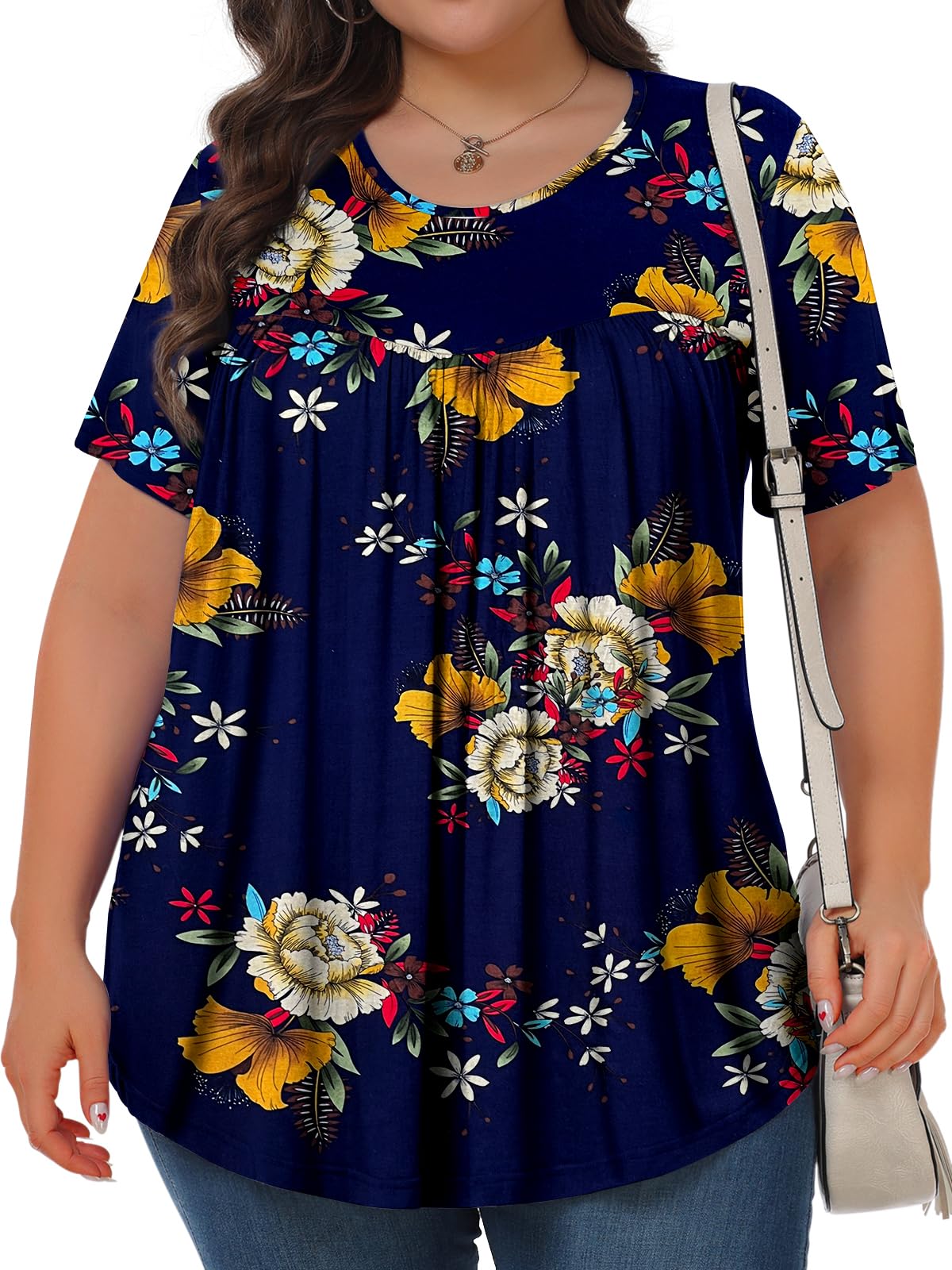 Womens Plus Size Tops Tunic Short Sleeve Crew Neck Shirts Casual Soft Blouse Peony Blue 1X