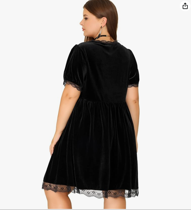 Plus Size Velveteen, Lace Trim, A Line, Short Sleeve Dress up to Size 4X