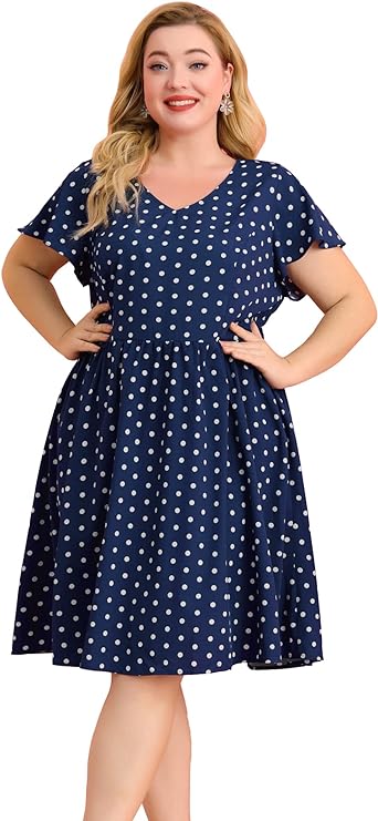 Navy blue polka dot dress plus size best sale