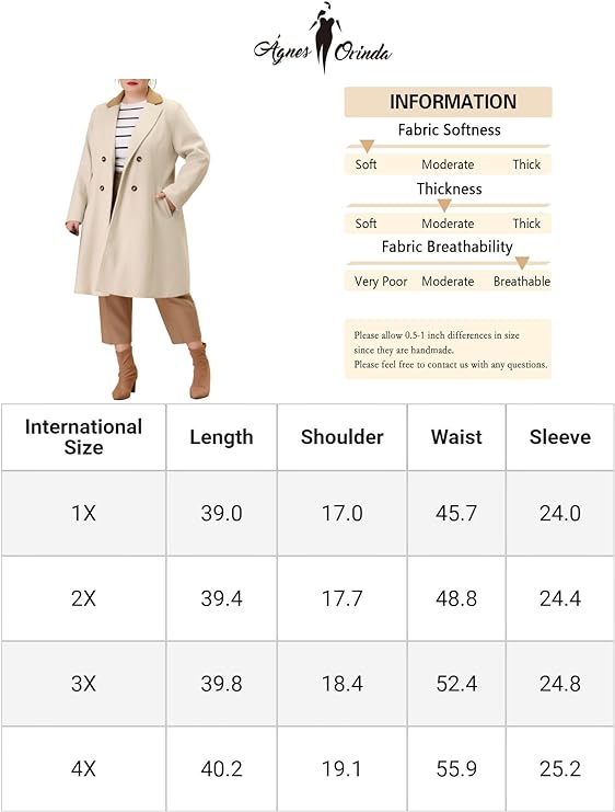 Plus Size Coat – Double-Breasted in 12 Colors, Up to Size 4X!
