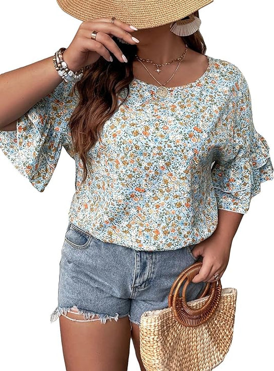 Plus Size Women's Boho Sleeve Blouse in 8 Floral Colors Up to Size 4X!