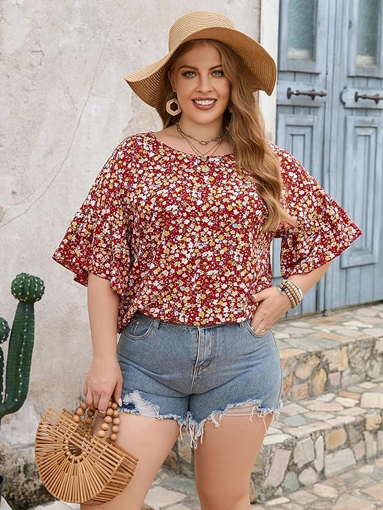 Plus Size Women's Boho Sleeve Blouse in 8 Floral Colors Up to Size 4X!
