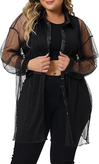 Sheer Mesh Satin Trim Button-down, Collared Blouse - up to size 4X!