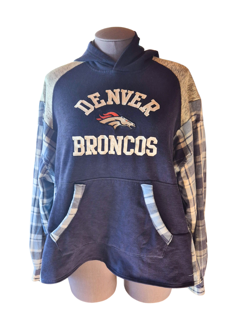 Denver Broncos Plaid Hoodie Shirt | Upcyceld Size XL–2XL Cotton Game Day Top