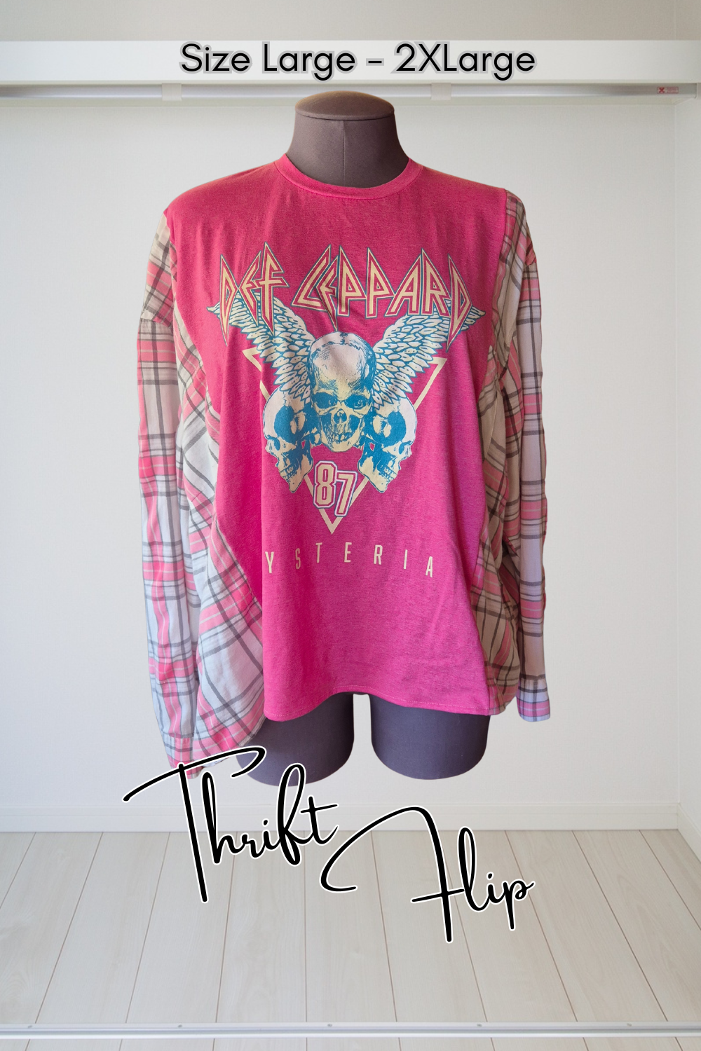 Def Leppard Pink Plaid Mashup Top - Size Large - 2XLarge
