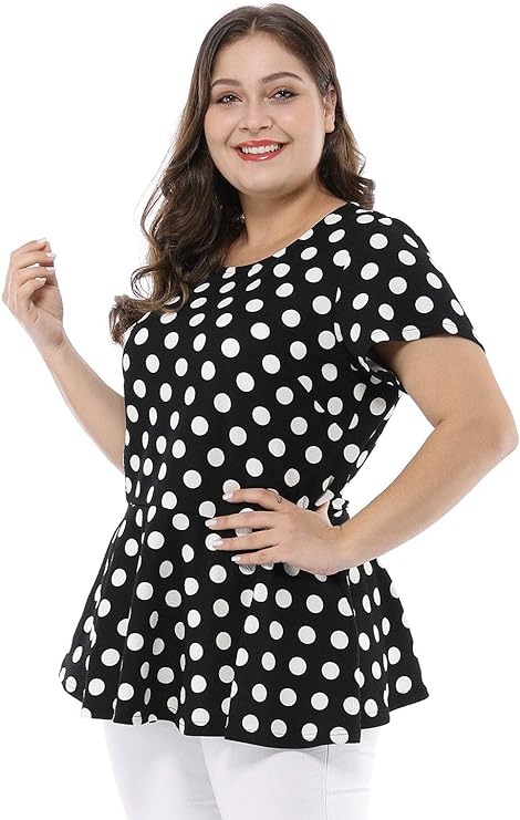 Polka Dots Peplum Tops with Short Sleeve and Scoop Neck in 9 Colors up to Size 4X