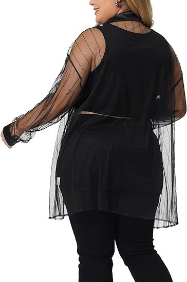 Sheer Mesh Satin Trim Button-down, Collared Blouse - up to size 4X!