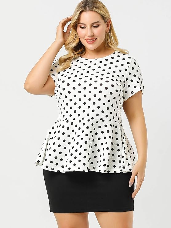 Polka Dots Peplum Tops with Short Sleeve and Scoop Neck in 9 Colors up to Size 4X