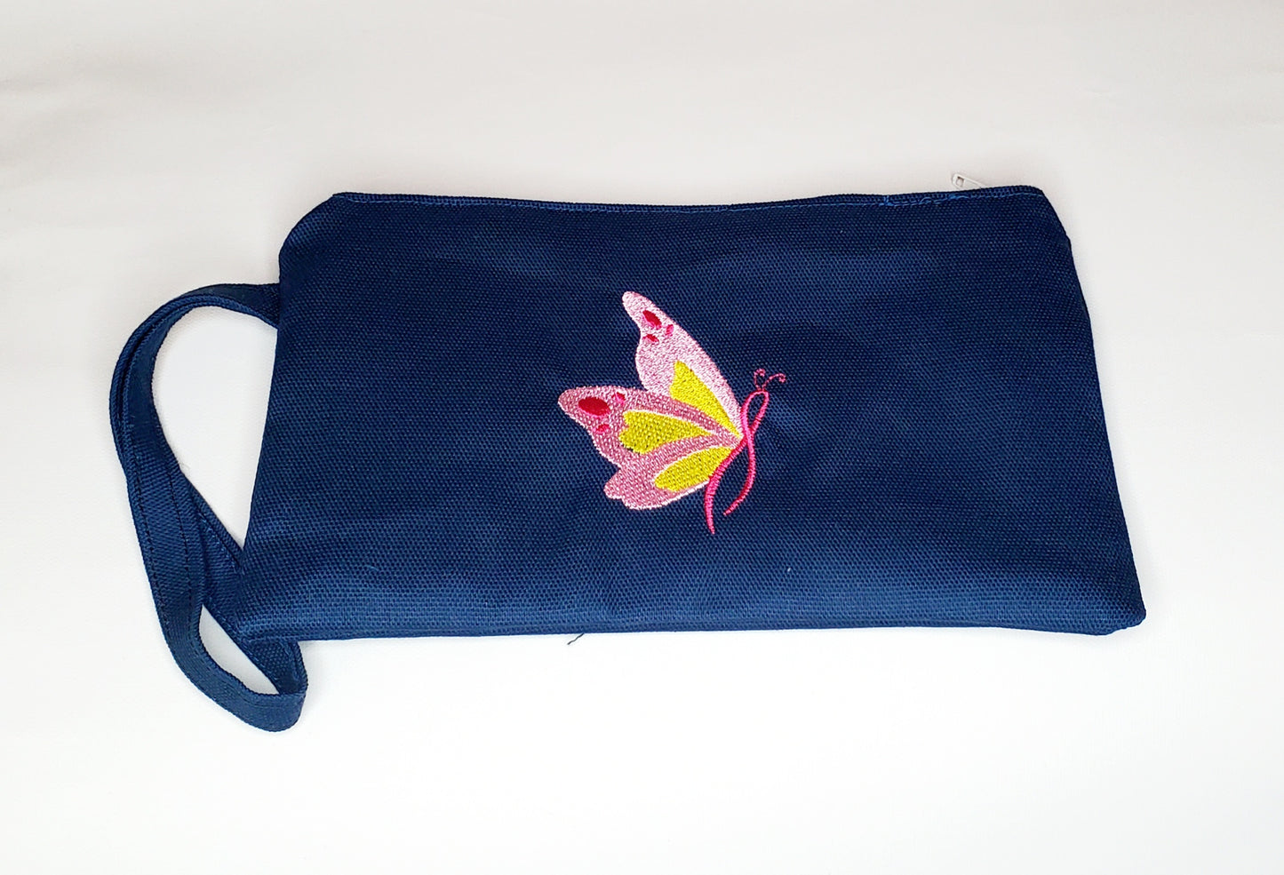 Breast Cancer Butterfly Embroidered Accessory Bag with Strap