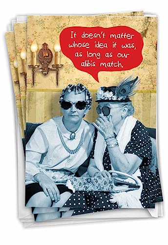 Our Alibis Need To Match - A Set of 3 Hilarious Birthday Greeting Cards with Envelopes (1 Designs, 3 Each)