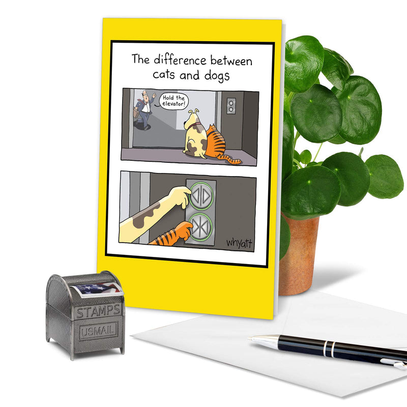 Hold Everything! Hilarious Dog and Cat Cartoon Notecard with Envelope