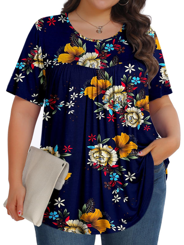 Womens Plus Size Tops Tunic Short Sleeve Crew Neck Shirts Casual Soft Blouse Peony Blue 1X