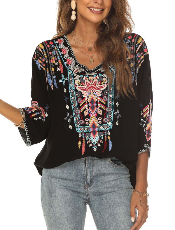 Boho Mexican Style Embroidered Tops Plus Size