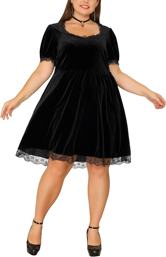 Plus Size Velveteen, Lace Trim, A Line, Short Sleeve Dress up to Size 4X
