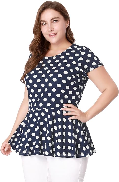 Polka Dots Peplum Tops with Short Sleeve and Scoop Neck in 9 Colors up to Size 4X