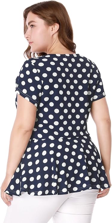 Polka Dots Peplum Tops with Short Sleeve and Scoop Neck in 9 Colors up to Size 4X