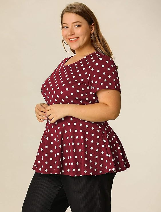 Polka Dots Peplum Tops with Short Sleeve and Scoop Neck in 9 Colors up to Size 4X