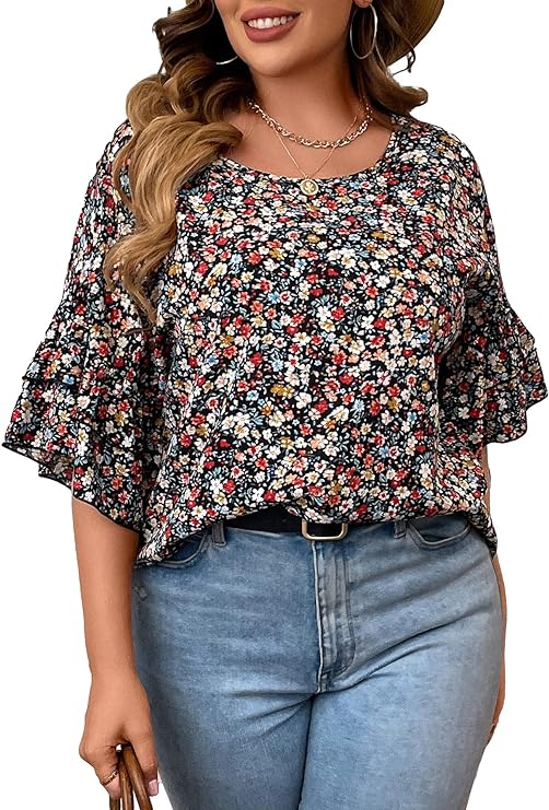 Plus Size Women's Boho Sleeve Blouse in 8 Floral Colors Up to Size 4X!