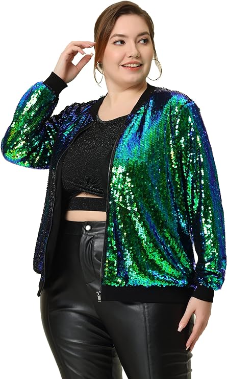 Plus Size Metallic Sequin Bomber Jacket  in 5 colors and up to size 4X