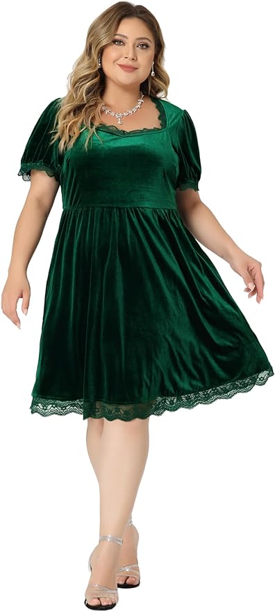 Plus Size Velveteen, Lace Trim, A Line, Short Sleeve Dress up to Size 4X