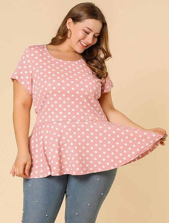 Polka Dots Peplum Tops with Short Sleeve and Scoop Neck in 9 Colors up to Size 4X