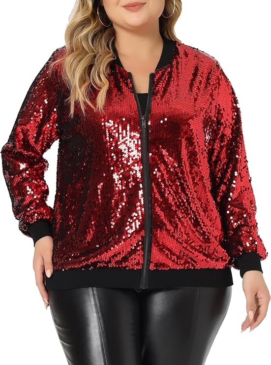 Plus Size Metallic Sequin Bomber Jacket  in 5 colors and up to size 4X