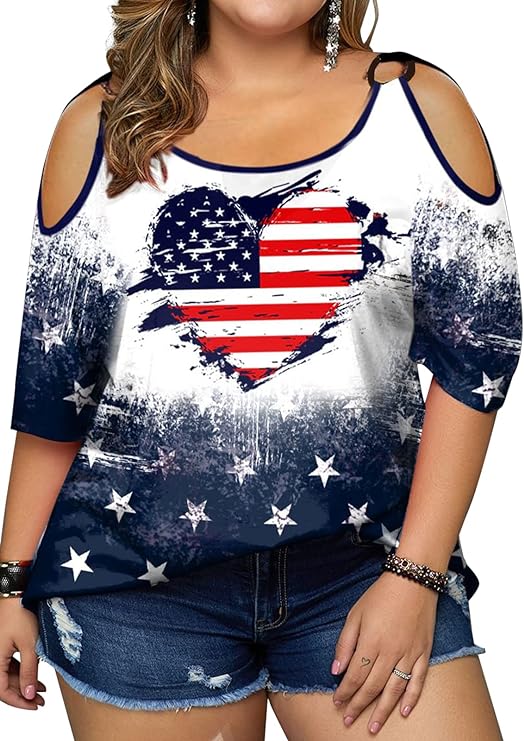 Plus Size - Cold Shoulder - American Flag Shirt Fourth of July Tee - Up to Size 5X!