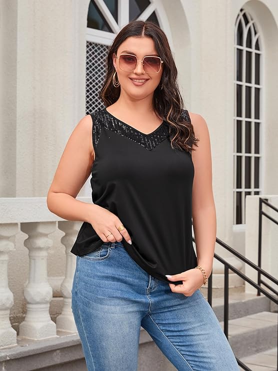 Tank with Sparkle V Neck and Armholes in 7 Colors - in Plus Sizes Up to 4X!