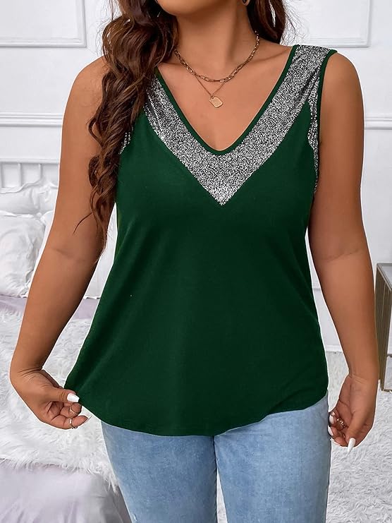 Tank with Sparkle V Neck and Armholes in 7 Colors - in Plus Sizes Up to 4X!