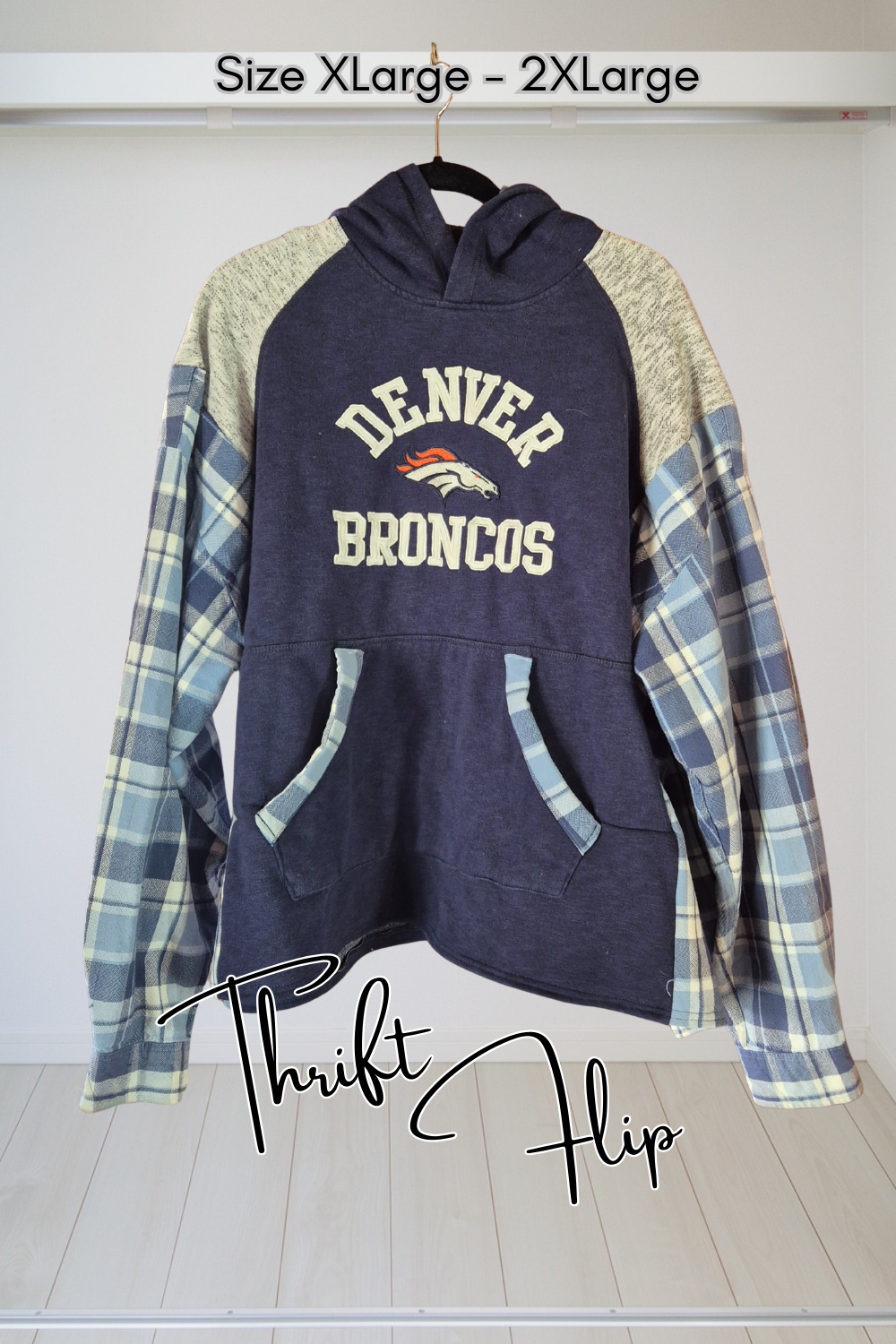 Denver Broncos Plaid Hoodie Shirt | Upcyceld Size XL–2XL Cotton Game Day Top