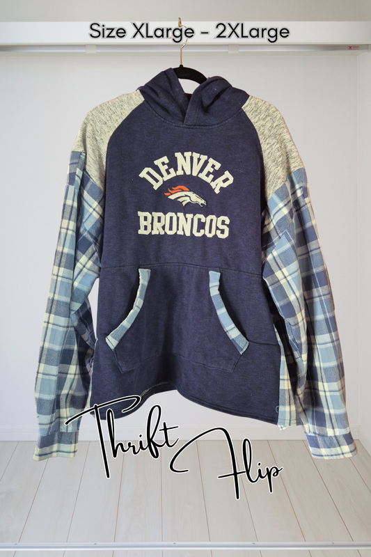 Denver Broncos Plaid Hoodie Shirt | Upcyceld Size XL–2XL Cotton Game Day Top