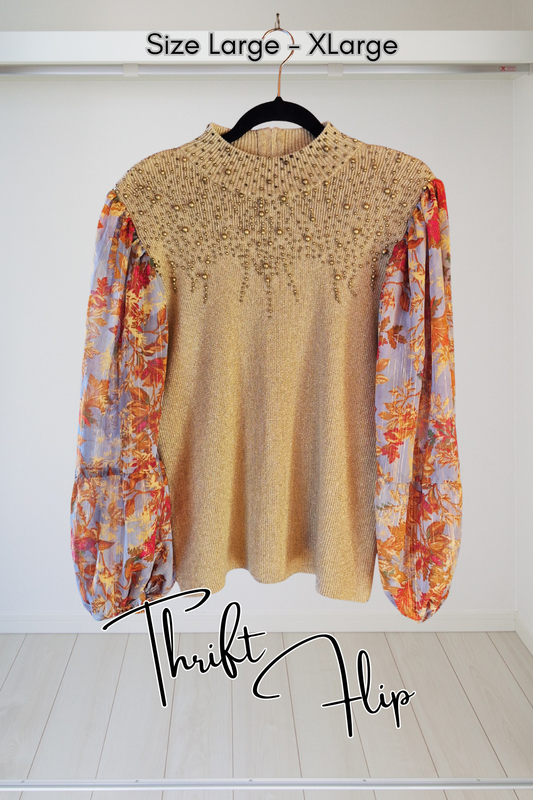 Antique Gold Top with Lame Print Sleeves Size L - XL