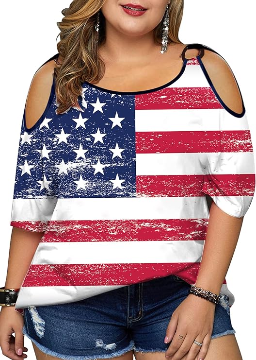 Plus Size - Cold Shoulder - American Flag Shirt Fourth of July Tee - Up to Size 5X!