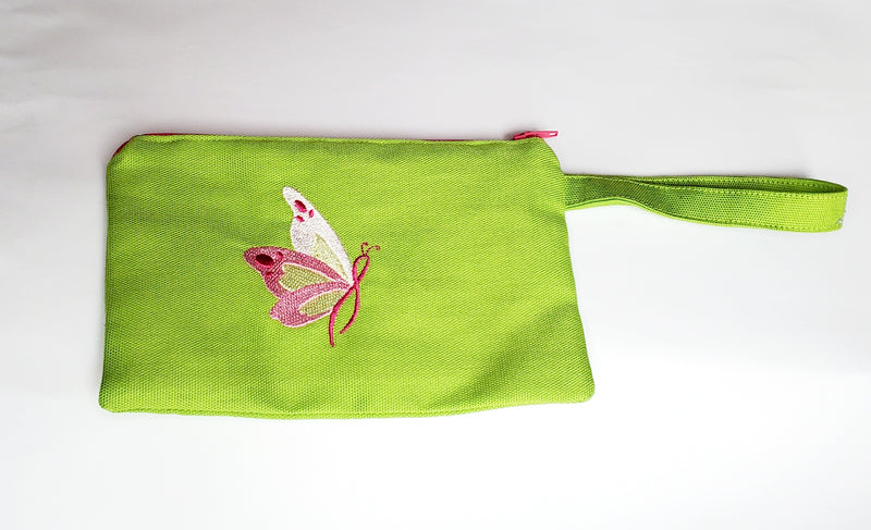 Breast Cancer Butterfly Embroidered Accessory Bag with Strap