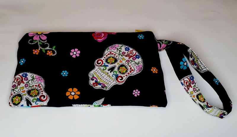 Sugar Skull Embroidered Accessory Bag with Strap