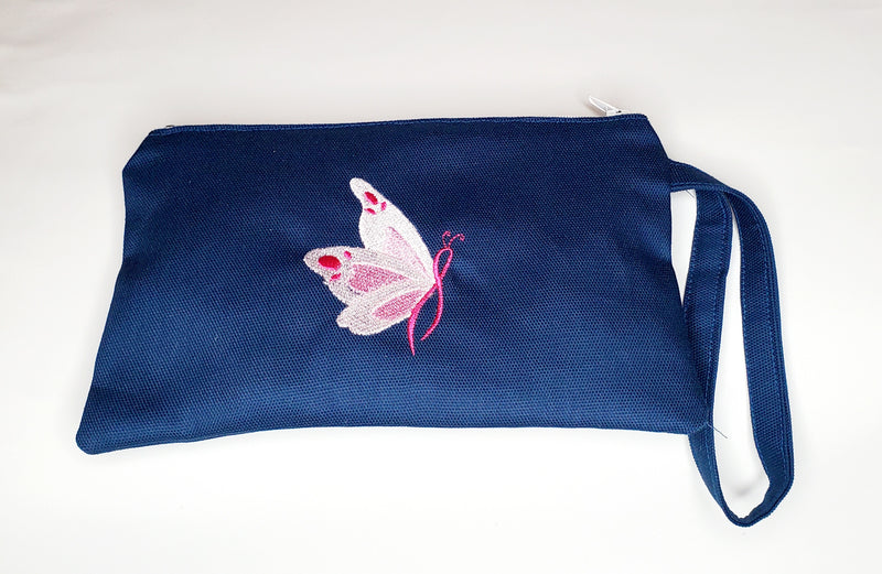 Breast Cancer Butterfly Embroidered Accessory Bag with Strap