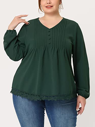 Plus Size Tops Casual Long Sleeves Pleated Lace Hollow Chiffon Blouse Saint Patrick's Day 2X Green
